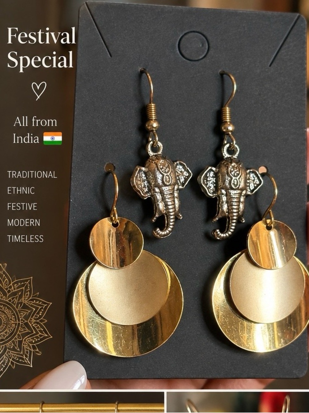 Handcrafted Indian Elephant Charm & Gold Tone Dangle Earrings | Festival Jewelry